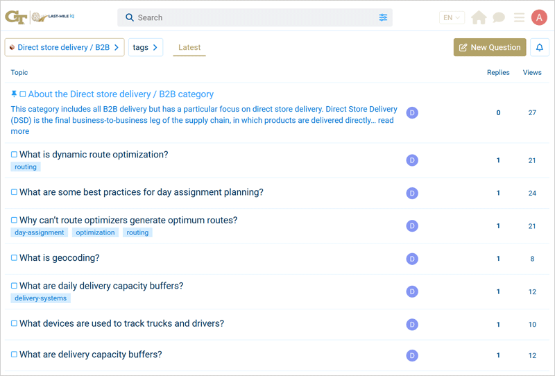 Example discussion board showing direct store delivery questions.