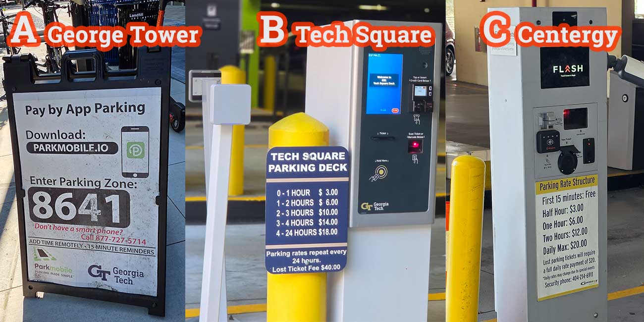 Photo of parking fee related signage at 3 lot options