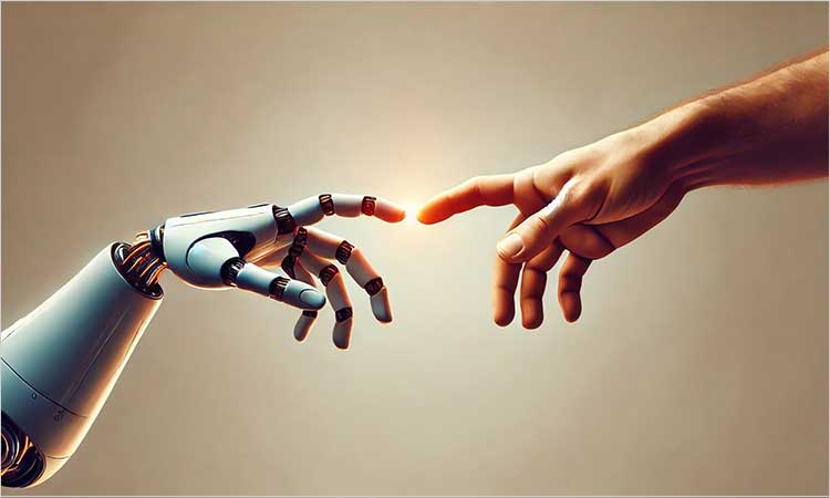 Digital artwork depicting a robotic hand extending from the left side of the frame toward a human hand reaching in from the right. The fingertip of the white and black metallic mechanical hand almost touches the index finger of the human hand, creating a small, bright orange glow between them, echoing Michelangelo’s The Creation of Adam. The background is a gradient of warm, neutral beige tones.