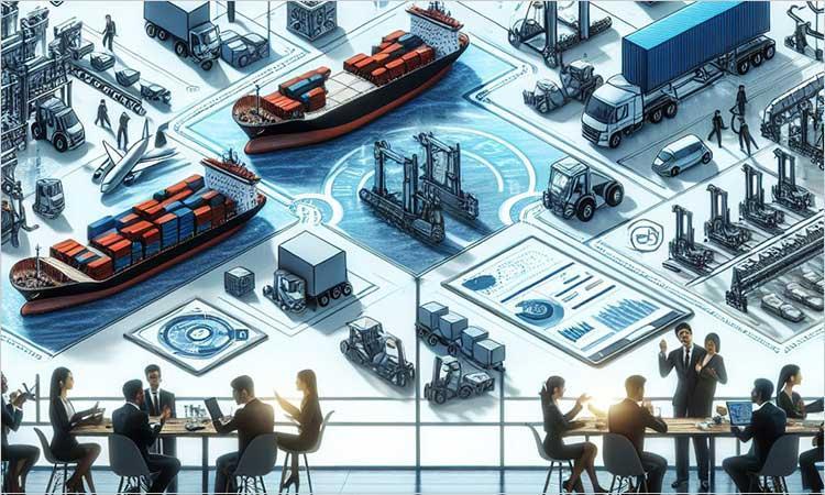 Illustration with transportation elements and individuals around conference table