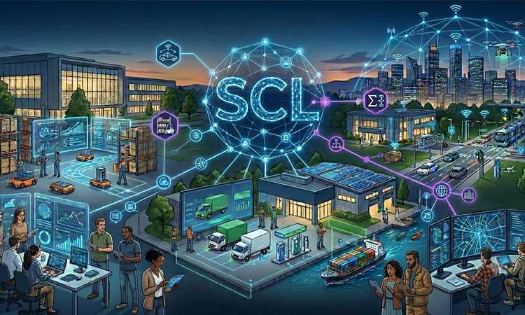 Illustration of different groups of people working on differing research projects. Elements of IOT devices, robots, autonomous cars.