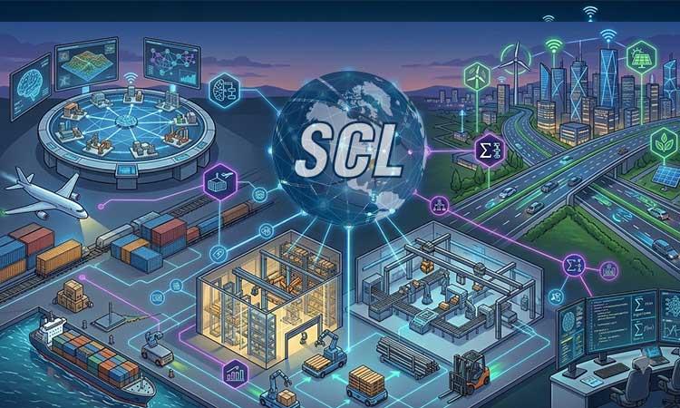 Illustration with elements of transportation, optimization, emission reduction, robotics, supply chain management