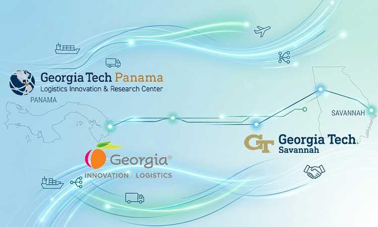 Illustration with small icons of ships, a plane, and a truck with outlines of state of Georgia with Savannah noted. Outline of country of Panama element.
