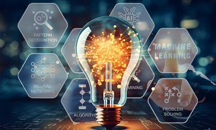 Collage with image of lightbulb in center of page with hexagons noting: pattern recognition, neural networks, algorithms, AI, machine learning, problem solving