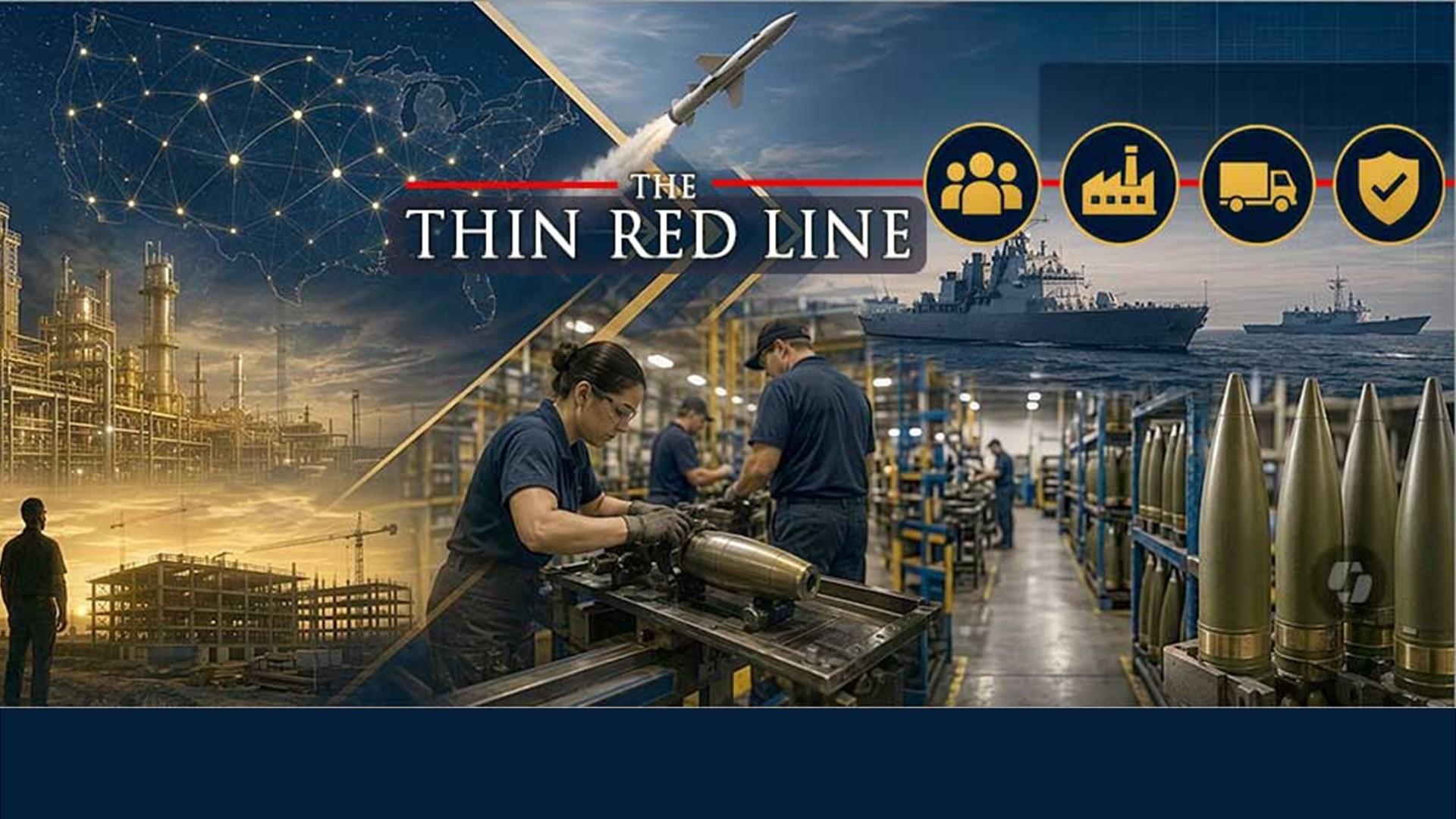 Editorial illustration depicting the challenge of rapidly increasing U.S. defense manufacturing capacity. The image combines a connected national supply chain network map, large circular icons representing workforce, manufacturing, logistics, and quality assurance, an industrial chemical processing facility, a missile launch, a naval defense vessel at sea, skilled factory workers assembling munitions on a production line, and finished artillery rounds in the foreground.