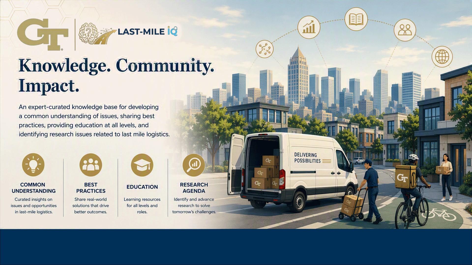 Promotional graphic for Georgia Tech's "Last-Mile IQ," featuring last-mile delivery scenes in a city alongside key initiative goals: Common Understanding, Best Practices, Education, and Research Agenda.